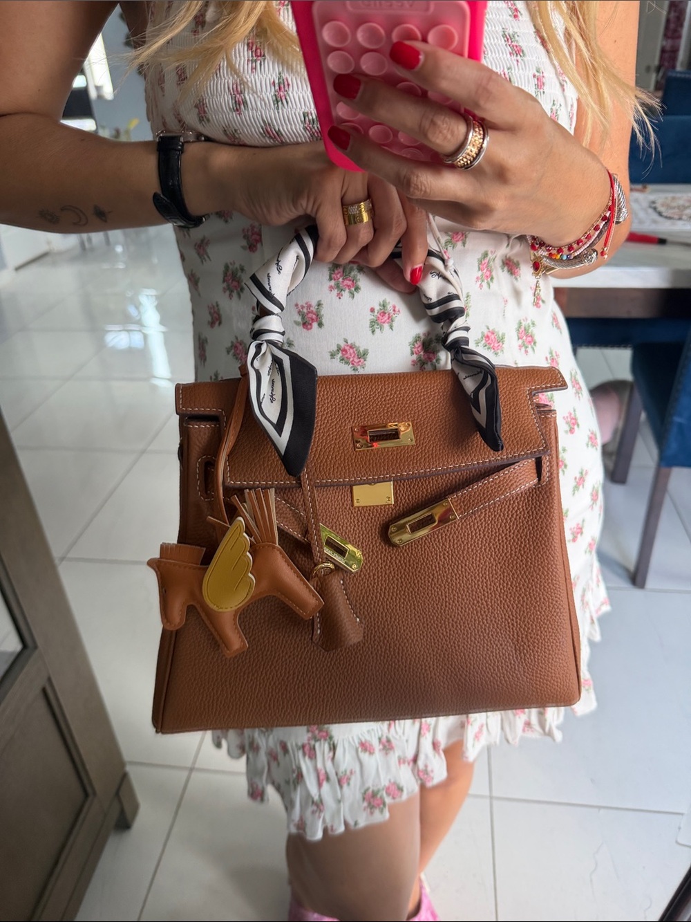 Structured Tan Leather Satchel with Gold Hardware